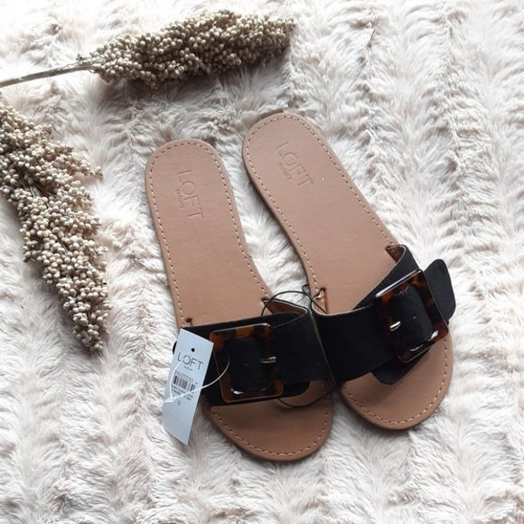 NWT Loft Tortoise Buckle Black Slide Sandals - Picture 1 of 5
